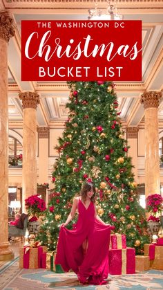 the washington dc christmas bucket list with a woman in front of a christmas tree and presents