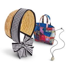 two straw hats and a handbag with a ribbon tied around the top one is multicolored