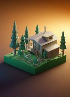 a paper model of a house surrounded by trees