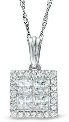 Zales 1 CT. T.W. Quad Princess-Cut Diamond Square Frame Pendant in 14K White Gold Diamond Frame, Square Frame, Princess Cut Diamonds, Rope Chain, Square Frames, Princess Cut, The Queen, Spring Rings, Quad