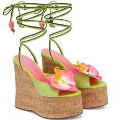 Flower Platform Heels, Pink And Green Clothes, Pink And Green Outfits, Green And Pink Outfit, Red Platform Sandals, Wedged Heel, Beaded Tie, Naked Wolfe, Flower Heels