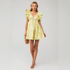 New With Tags From A Smoke Free Home. Yellow Summer Dress With Ruffles, Yellow Ruffled Summer Dress, Yellow V-neck Dress For Garden Party, Yellow Ruffled Mini Dress For Vacation, Chic Yellow Sundress For Garden Party, Chic Lemon Print Dress, Yellow Sundress For Garden Party, Yellow Summer Dress For Garden Party, Brunch Lemon Print Sundress