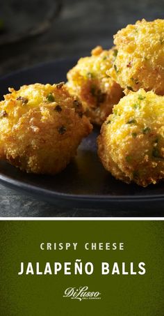 crispy cheese jalapeno balls on a black plate with green background and title