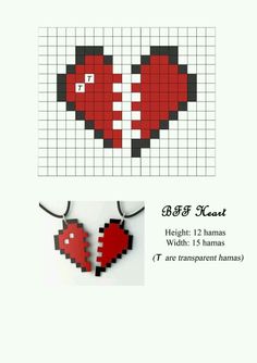 the cross stitch heart necklace pattern is shown in red and black, with two hearts on it