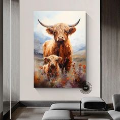 a painting of two cows in a living room