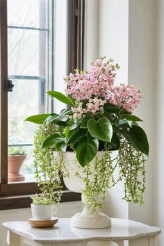 a white table topped with a potted plant next to a window