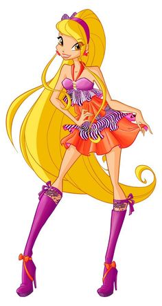 a cartoon girl with long blonde hair and purple boots, wearing a pink dress and high heels