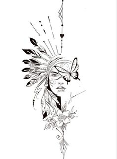 a drawing of a woman's face with feathers and butterflies on her head, in black and white