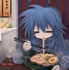 an anime character is eating ramen with chopsticks