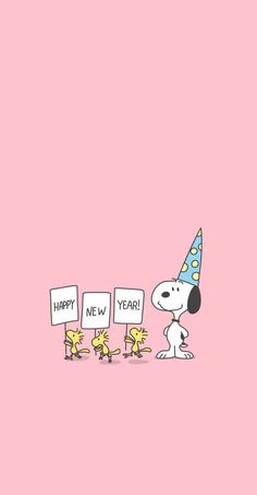 a cartoon dog is standing in front of three little chicks holding signs that say happy new year