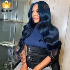 Indigo Hair, Blue Lace Front Wig, Blue Black Hair, Dark Blue Hair, Blue Wig, Dope Hairstyles, Night Blue, Looks Black, Front Lace Wigs Human Hair