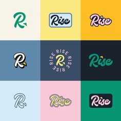 six different logos with the words rise and rise in each letter, including one that says rise