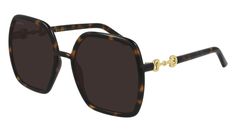 For the first time, the iconic Gucci Horsebit, is interpreted in the Eyewear category for a touch of classic elegance. The Logo is featured in metal, combi and plastic styles all with the same refined feeling. Oversize feminine hexagonal shape inspired by the '70s. This injected style has round tube-like sections whose shape can be appreciated from both the front and the sideview, reflecting the light and giving a three-dimensional shape. Temples embellished by the Horsebit detail. The style is Gucci Glasses, Brown Square, Gucci Horsebit, Gucci Eyewear, Gucci Models, Havana Brown, Fashion Eyewear, Gucci Sunglasses, Sunglass Lenses