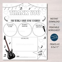 thank card for rock star teacher with guitar and notes