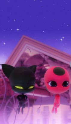 two little black cats standing next to each other in front of a purple and blue background