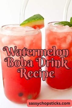 two glasses filled with watermelon boba drink