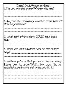 the end of book response worksheet for students to help them understand what they are reading