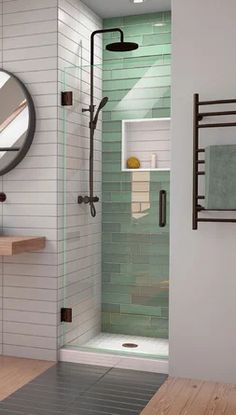 a bathroom with a sink, mirror and shower