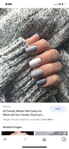 Grey Christmas Nails, January Nail Colors, Grey Gel Nails, Different Color Nails, January Nails, Squoval Nails, Short Gel Nails, Plaid Nails