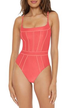 Contrast, corset-inspired stitches adorn this one-piece swimsuit with a satin-inspired texture that looks incredible by the water. Clasps at back Adjustable straps Moderate back coverage Lined 82% nylon, 18% spandex Hand wash, line dry Imported Nylon Swimwear With Square Neck, Square Neck Nylon Swimwear For Summer, Skirt Swimsuit, Rollerball Perfume, Curly Hair Care, Short Suit, Free Fabric, Pant Shirt, Toddler Sizes