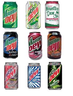 six mountain dew cans are arranged in a gridlocked pattern on a white background