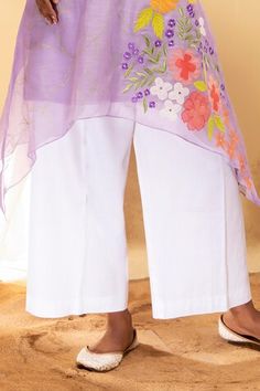 Lilac cotton silk chanderi tunic with multi colored floral applique work. Comes with inner slip. - Aza Fashions White Kurta With Gota Work For Spring, Summer Chanderi Tunic Kurta, Summer White Cotton Silk Dupatta, Summer Cotton Silk Dupatta With Gota Work, Summer Embroidered Cotton Silk Dupatta, Summer Dupatta With Gota Work, Designer Cotton Dupatta For Spring, Work Women, Purple Tunic