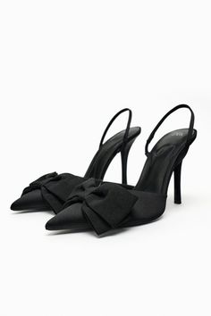 BOW TRIM HEELED SHOES - Black | ZARA United States Bow Heels Outfit, Heels Collection, Zara Heels, Leather Boots Heels, Bow Heels, Bow Shoes, Slingback Shoes, Slingback Heel