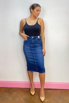 Upgrade your wardrobe with the Judy Blue High Waist Back Slit Hem Mid Length Denim Skirt! Crafted with high quality denim, this skirt's high waist and back slit hem accentuate your figure while providing comfort. Elevate your style and confidence with this must-have piece. Model is wearing a size medium in this skirt. Measurements: Front Rise: 27.25" Center back: 28.75" Material: -94% Cotton, 5% Polyester, 1% Spandex Front rise determines how high your pants sit around your waist. This is measur Mid Length Denim Skirt, Sequin Shirt Dress, First Day Outfit, Skirt Measurements, Sequin Shirt, Denim Midi Skirt, City Girl, Fall Shirts, High Waisted Leggings