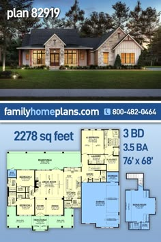 two story house plan with 3 beds and 2 baths in the front, an open floor plan