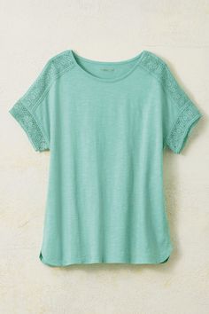 Little lacy daisy chains trim this cheerful cotton knit slub tee, overlaid along the shoulders and edging the sleeves. Rounded hem, boatneck. Imported. | Women's Little Lace T-Shirt - Aqua Lake - XS Casual Pointelle Knit T-shirt For Summer, Casual Cotton T-shirt With Lace Trim, Spring T-shirt With Lace Trim And Crew Neck, Summer Cotton Pointelle Knit T-shirt, Casual Summer Pointelle Knit T-shirt, Casual Spring Pointelle Knit T-shirt, Spring Tops With Crochet Trim For Layering, Spring Layering Tops With Crochet Trim, Spring Knit Top With Crochet Trim Crew Neck