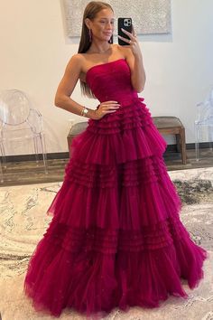 Red Pink Prom Dress, Strapless Party Ball Gown With Ruffles, Strapless Ball Gown With Ruffles For Party, Strapless Ruffled Evening Dress For Prom, Strapless Tulle Evening Dress, Gala Strapless Tulle Dress With Ruched Bodice, Tiered Tulle Gown For Gala, Tiered Tulle Gown For Debutante Ball, Luxury Strapless Tulle Dress With Ruched Bodice For Gala