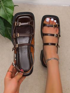 Brown Fashionable Collar   Plain Wedge Sandals Embellished   Women Shoes Ladies High Heels, Heels Summer, Dr Shoes, Funky Shoes, Aesthetic Shoes, Swag Shoes, Moda Vintage, Platform Wedge Sandals