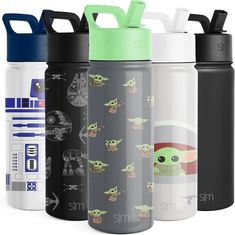 the star wars water bottles are designed to look like they have baby yoda's on them