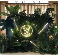 an illuminated vw sign surrounded by tropical plants and greenery in front of a window