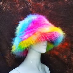 Fluffy Hats, Rave Hats, Bucket Hat Winter, Fun Hats, Fuzzy Bucket Hat, Fluffy Bucket Hat, Rainbow Plush, Fur Bucket, Faux Fur Bucket Hat