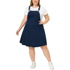 The classic and versatile blue denim gives it a casual yet fashionable look that can be dressed up or down for any occasion. This dress features adjustable straps, allowing you to find the perfect fit for ythis body. The ruffle hem adds a touch of femininity, while the side button and patch pocket details give it a trendy overall look. The Plus Size Denim Overall Dress is suitable for both formal and informal occasions. Wear it to the office paired with a blouse and heels for a professional yet Strap Jeans, Denim Suspenders, Overall Skirt, Jeans Overall, Plus Size Denim, Denim Overall Dress, Blue Outfit, Overall Dress, Denim Mini Skirt