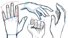 several hands are shown with different angles and shapes to show how to draw the fingers