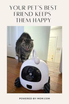 a cat sitting on top of a robot with the caption, your pet's best friend keeps them happy