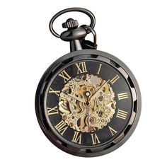 Available in multiple color options, you can enjoy this stunning pocket watch piece in a bright pure golden variety, a cool silver, or in 2 variations featuring enriching shades of gold and black. The watch itself is beautifully crafted with the sides folded in concaving ridges that wave into the interior. The gears can be seen through a clear glass frame that has been cut out from the actual steel encasing. Bordering the mechanical gear skeleton are the roman numerals that mark the time. Enjoy Black Steampunk Watch With Skeleton Dial, Vintage Black Watch With Skeleton Dial, Steampunk Black Watch As Gift, Steampunk Black Watch For Gift, Steampunk Black Watch As A Gift, Black Steampunk Watch As A Gift, Black Steampunk Watch As Gift, Vintage Black Stainless Steel Pocket Watch, Black Vintage Stainless Steel Pocket Watch