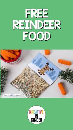 a book cover with carrots and seeds next to it is the title, free reindeer food