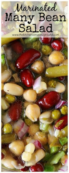 mixed bean salad with text overlay that reads marinated meany bean salad