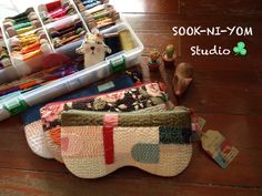 SOOK-NI-YOM studio. Quilting, Patchwork eye purse, Sashiko embroidery purse in textile Japanese fabrics and wool ,hand sewn. Kotatsu Table