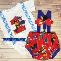 Boys 3 piece Paw Patrol Cake Smash set. Comes with: Diaper Cover Suspenders Bowtie OR Necktie --Choose below You can also add the Paw Patrol Birthday Hat shown in the picture below as well. Paw Patrol Cake Smash, Mickey Mouse Birthday Outfit, Boys First Birthday Cake, Cake Smash Outfit Boy, Boys Cake, Boys Birthday Outfits, Smash Cake Boy, 1st Birthday Outfit, Paw Patrol Cake