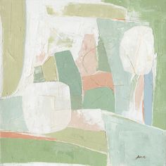 an abstract painting with green, pink and white colors