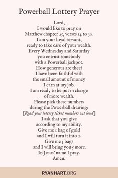 a poem written in black and white with the words, powerball lottery prayer