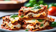 lasagna stacked on top of each other on a plate with basil and tomatoes in the background