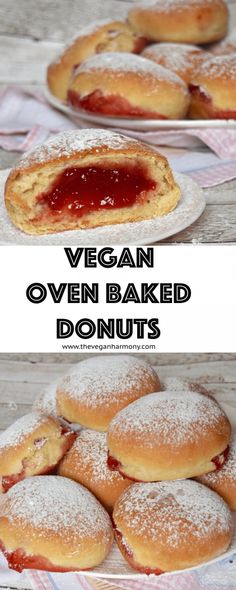 vegan oven baked doughnuts with powdered sugar on top and jelly in the middle