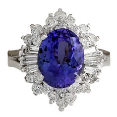 5.31 Carat Natural Tanzanite 14K White Gold Diamond Ring - Fashion Strada 14k White Gold Diamond Ring, Tanzanite Diamond Ring, Tanzanite Diamond, Diamond Fashion Rings, Diamond Jewelry Designs, Blue Tanzanite, Diamond Cocktail Rings, Gold Diamond Ring, Jewellery Ideas