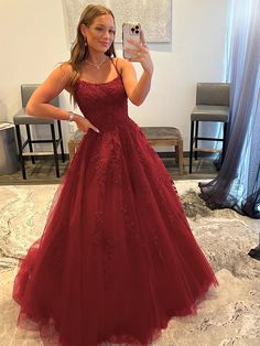 Burgundy Prom Dress Spaghetti Straps Ball Gown Tulle Long 2024 is made-to-order by professional tailors. You can choose from 40+ colors and sizes 2 to 16W. This chic dress is also perfect as your wedding guest dress. Product Details: Season:Spring,Summer,Fall,Winter;Waist:Natural;Back Style:Lace Up;Silhouette:Ball Gown;Fabric:Tulle;Embellishment:Applique;Neckline:Spaghetti Straps;Seeve:Sleeveless;Hemline Train:Sweep/Brush Train;Shown Color:Burgundy Tulle Dress Long, Red Lace Prom Dress, Red Spaghetti, Lace Prom Dresses, Formal Dresses Graduation, Prom Dresses Elegant, Lace Ball Gowns, Homecoming Dresses Long