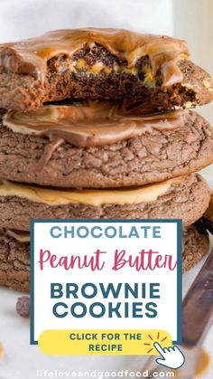 chocolate peanut butter brownie cookies stacked on top of each other